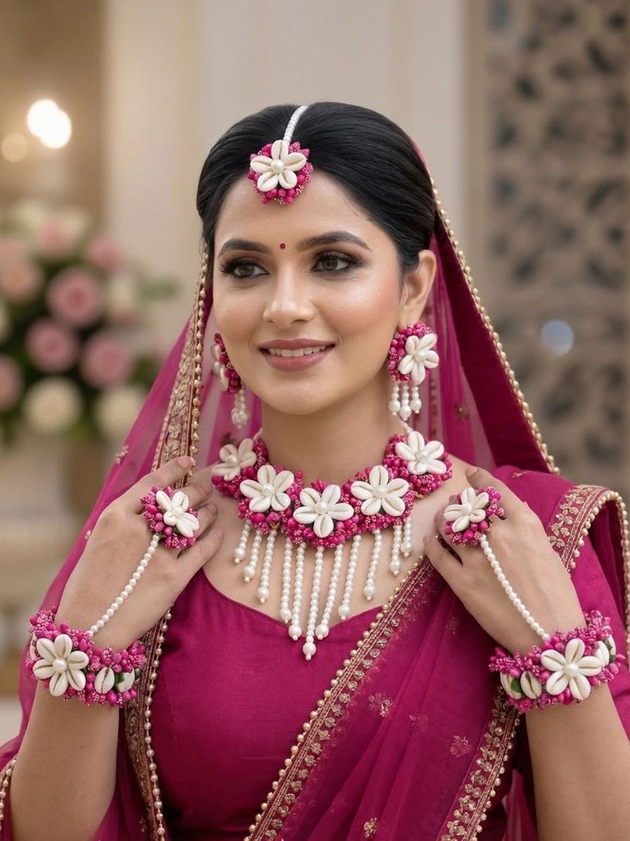Magenta Pink and White Cowrie Shell Floral Haldi Jewellery Set