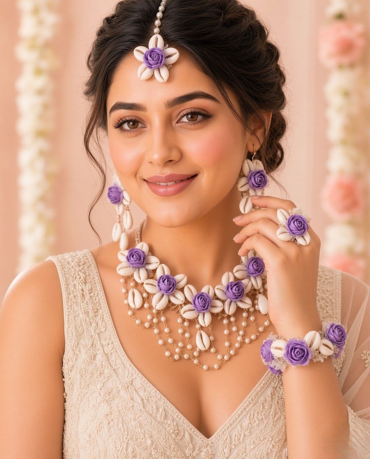Lavender Rose Floral Sea Shell Haldi Jewellery Set with Pearl Drops