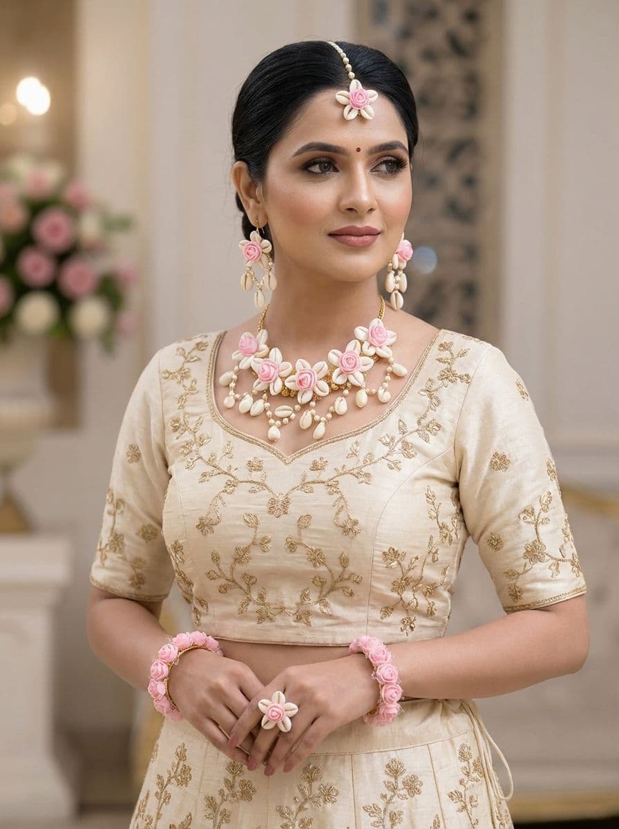 Pastel Peach Rose and Cowrie Shell Haldi Jewellery Set