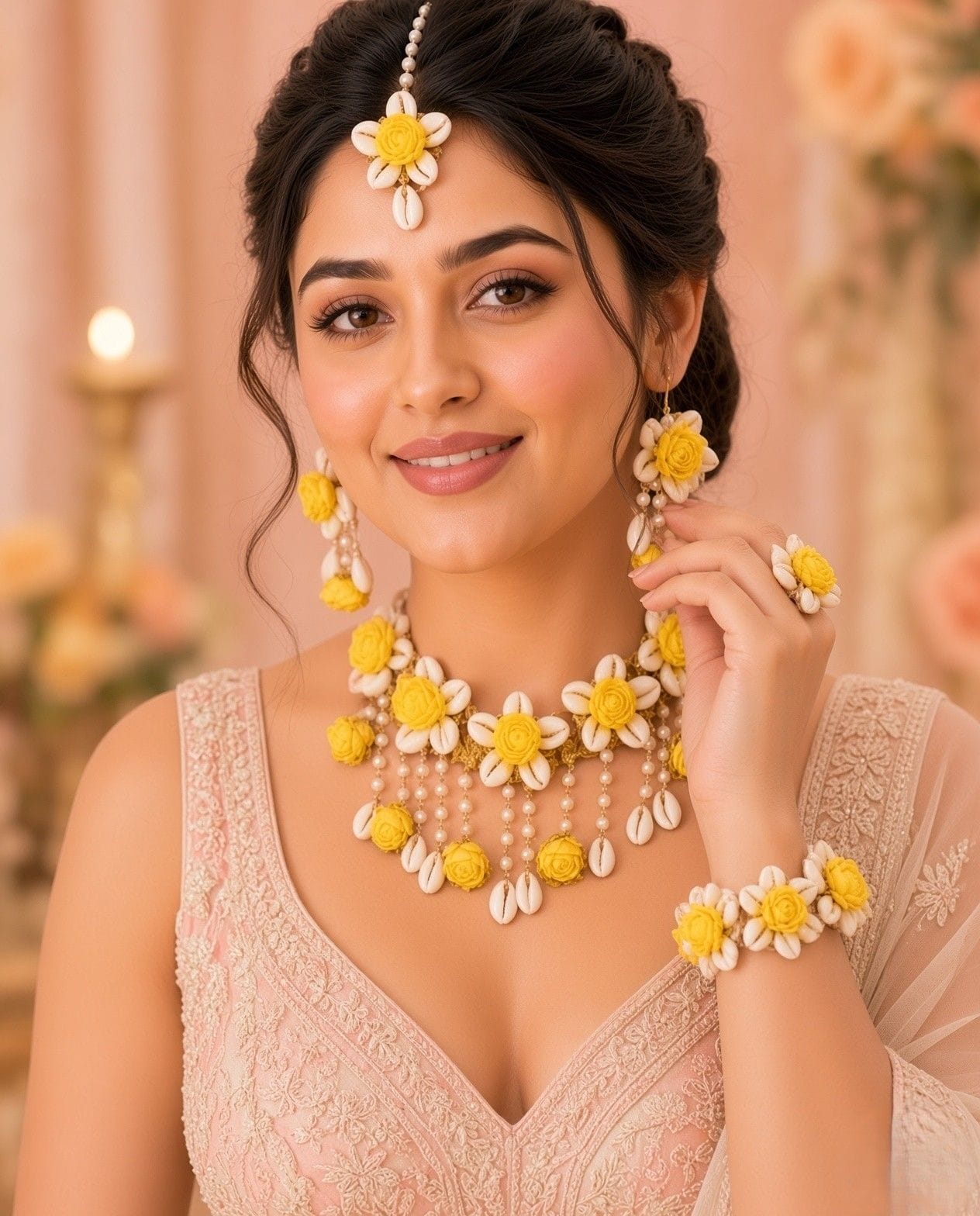 Sunshine Yellow Rose Floral Haldi Jewellery Set with Cowrie Shells