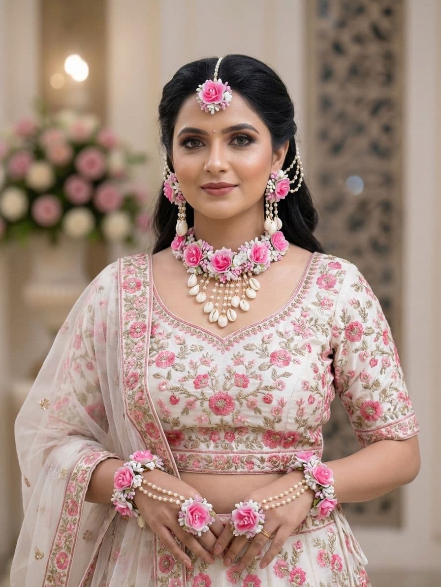 Rosy Pink Floral Bridal Jewellery Set with Pearl and Shell Hangings