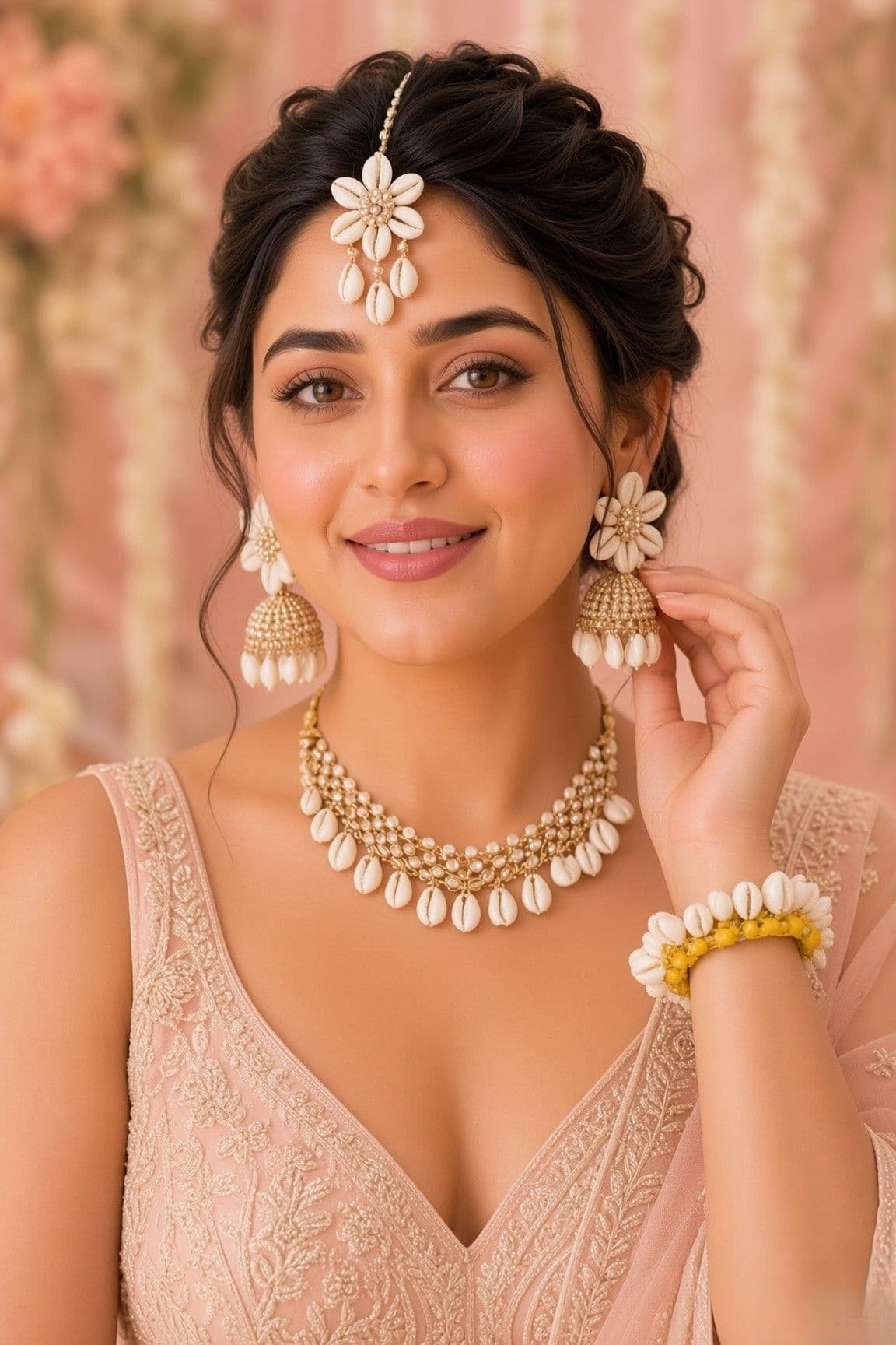 Yellow and White Cowrie Sea Shell Haldi Jewellery Set for Brides