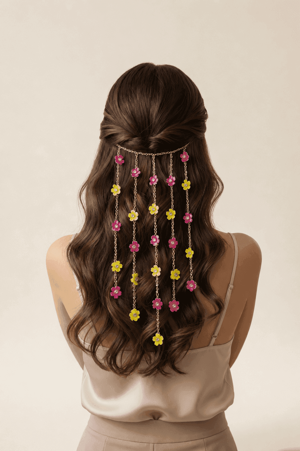 Handmade Pink and Yellow Floral Hair Jewellery for Haldi