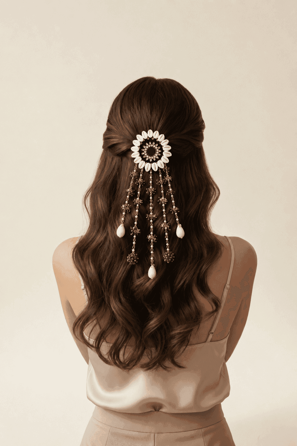 Handmade White Cowrie Shell Hair Jewellery with Green Beads