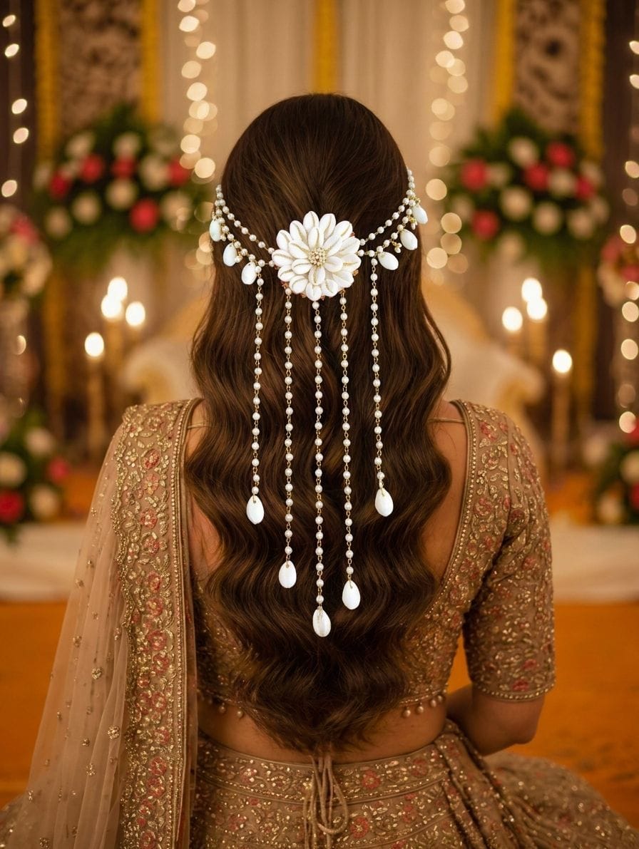 White Cowrie Shell Flower Bridal Hair Jewellery with Pearl Chains