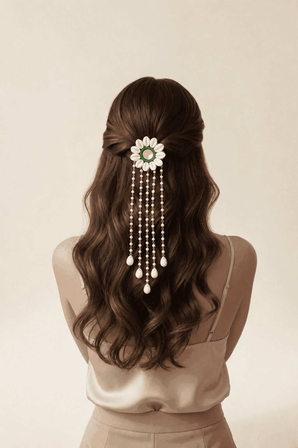 Handmade Green Mirror Work Cowrie Shell Hair Jewellery with Pearl Chains