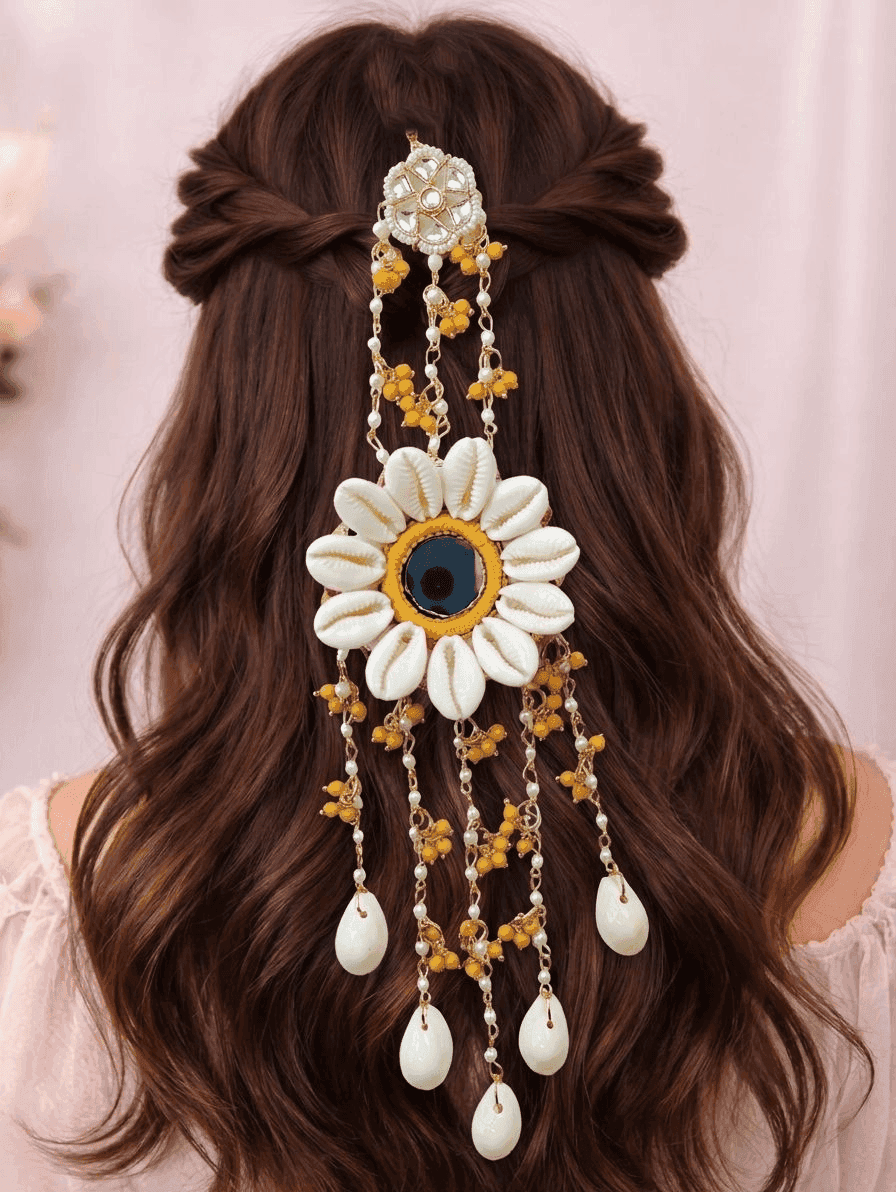 Handmade Yellow Cowrie Shell Hair Jewellery with Mirror Work