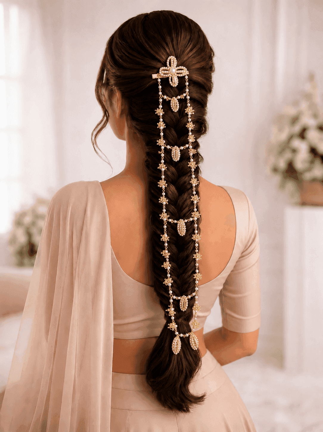 Golden Pearl Bridal Hair Chain Paranda for Long Braids