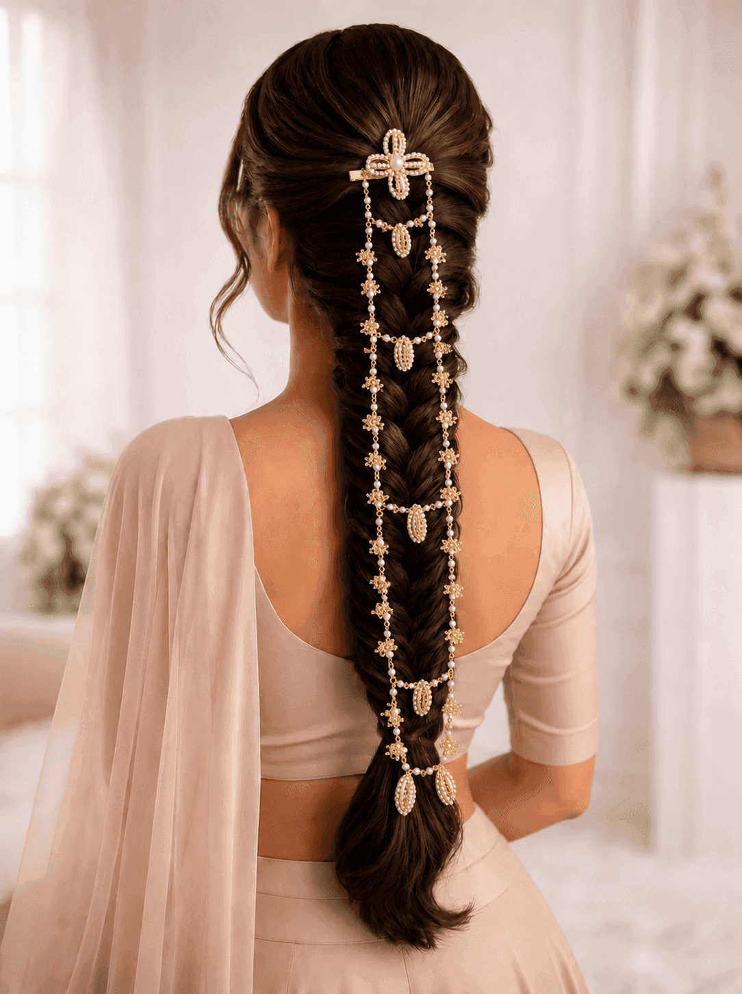 Golden Pearl Bridal Hair Chain Paranda for Long Braids