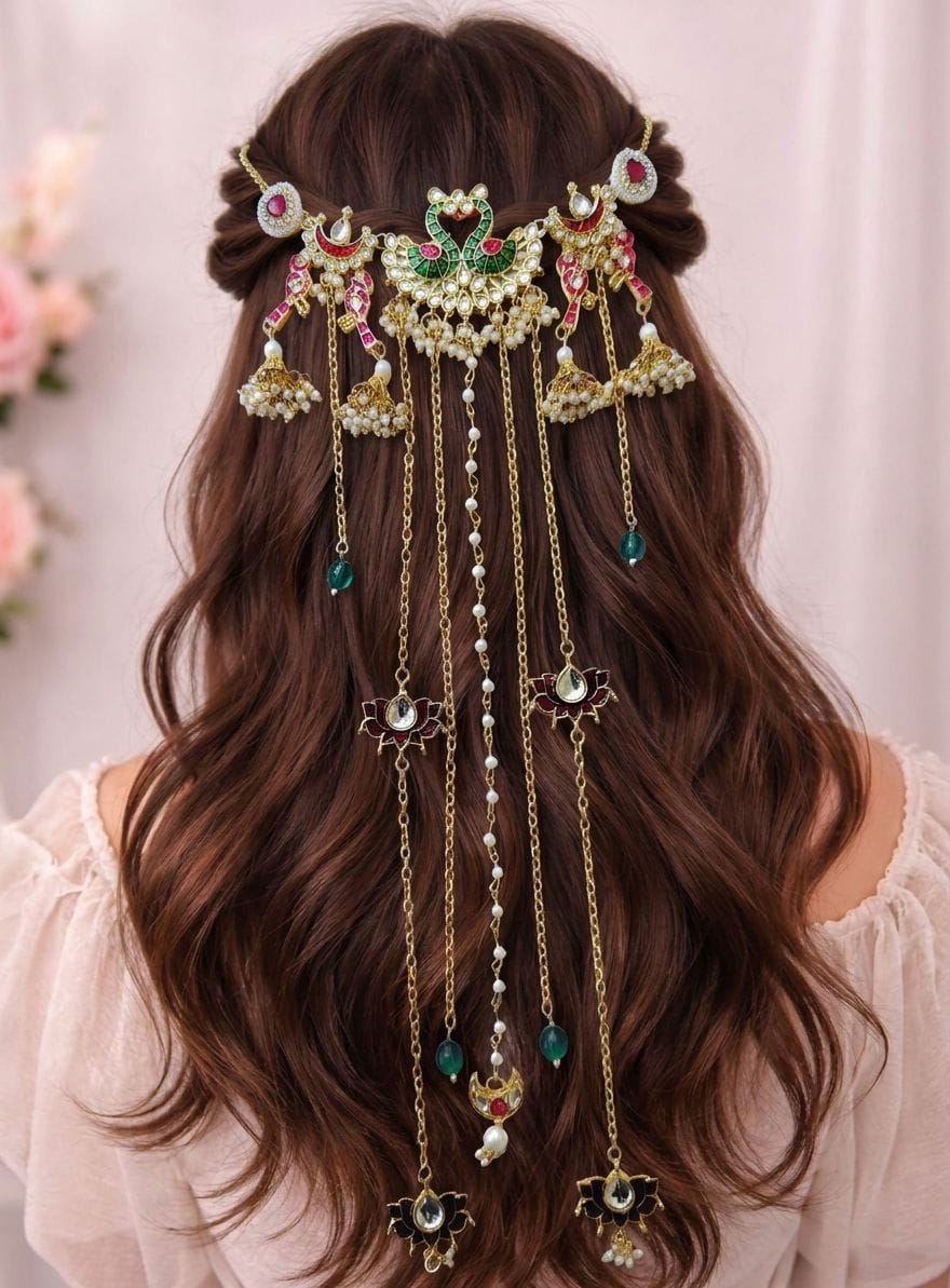 Peacock Design Kundan Bridal Hair Jewellery with Golden Chains
