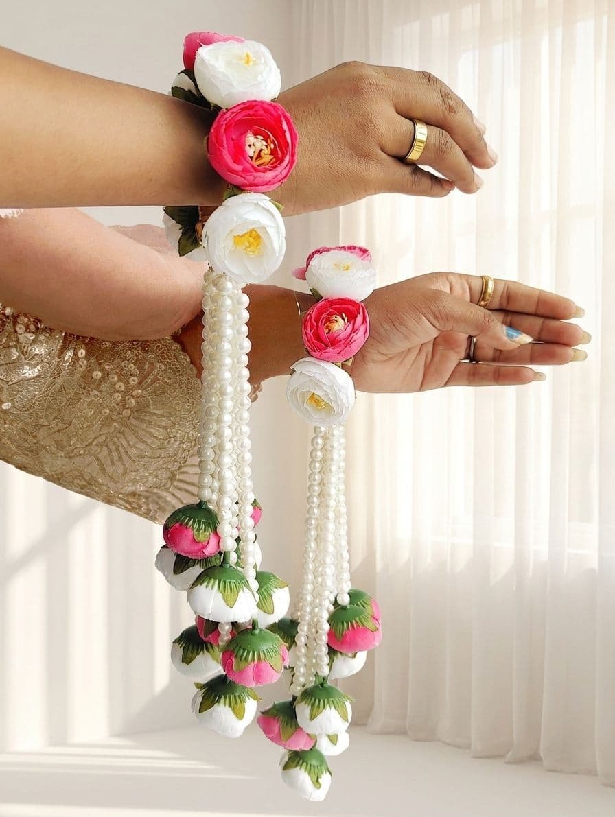 Pink and White Floral Bridal Haldi Kalire with Pearl Strings