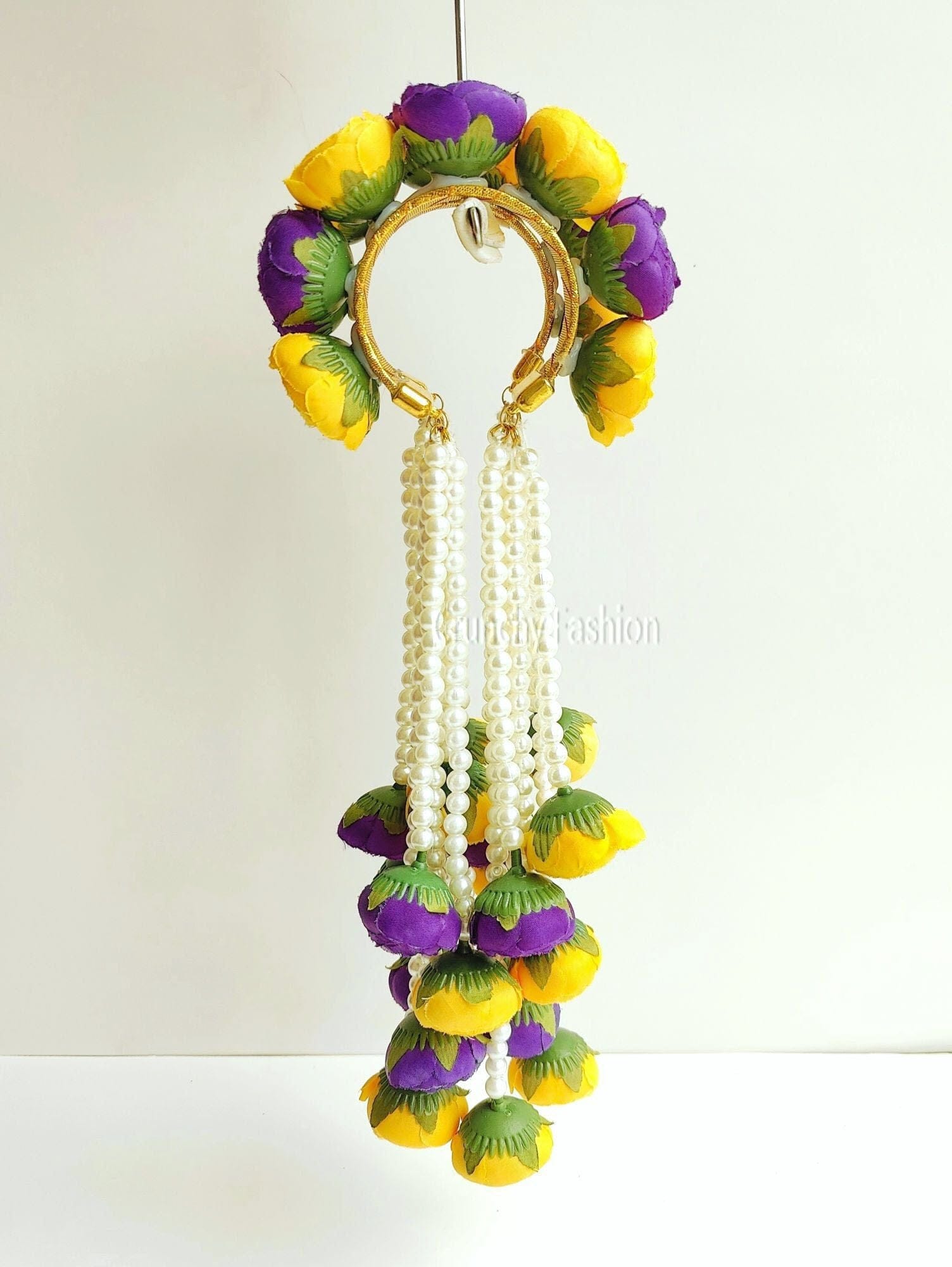 Yellow Rose Bridal Kalire with Purple Flowers and Pearl Strands for Haldi