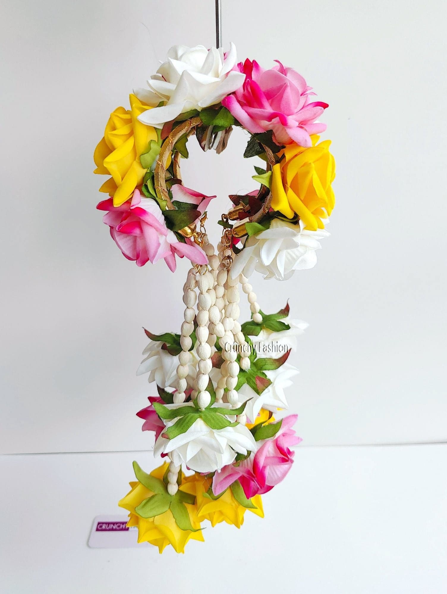 Yellow Rose Floral Bridal Kalire with Pink and White Blooms and Traditional Mogra Bead Hanging Tassels for Haldi Ceremony