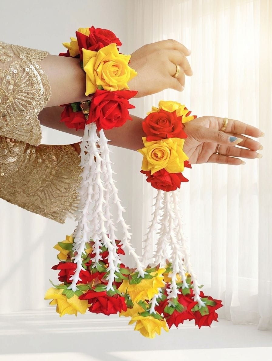 Red Rose Floral Bridal Kalire with Yellow Flower Accents and Long White Hanging Tassels for Haldi Ceremony