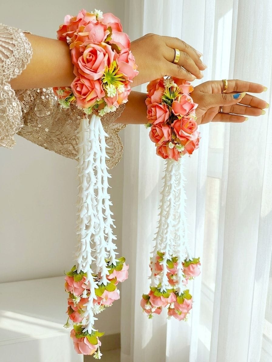 Peach Floral Bridal Kalire with White Hanging Tassels for Haldi Ceremony