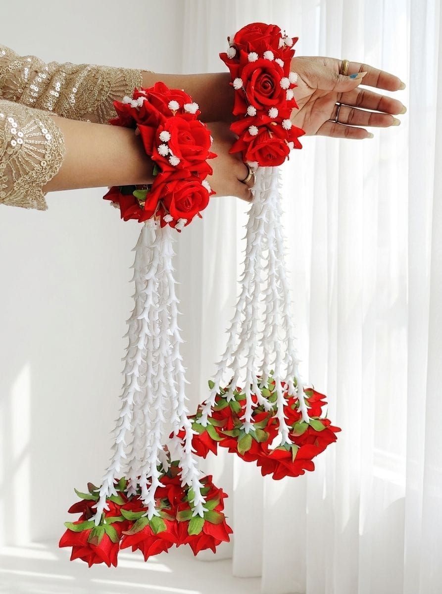Red Rose Bridal Kalire with White Mogra Tassels for Haldi Jewellery