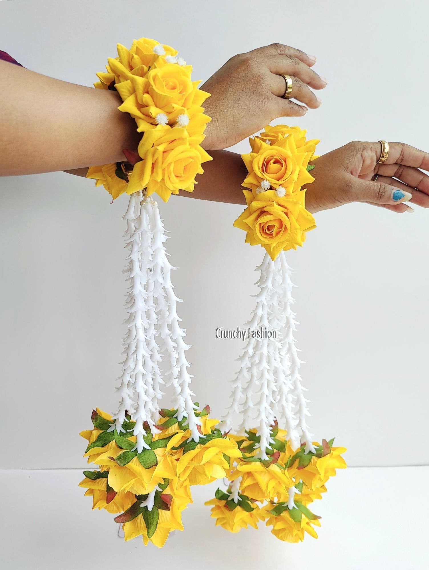 Sunshine Yellow Rose Bridal Kalire with Cascading White Floral Tassels and Matching Rose Clusters for Haldi Ceremony
