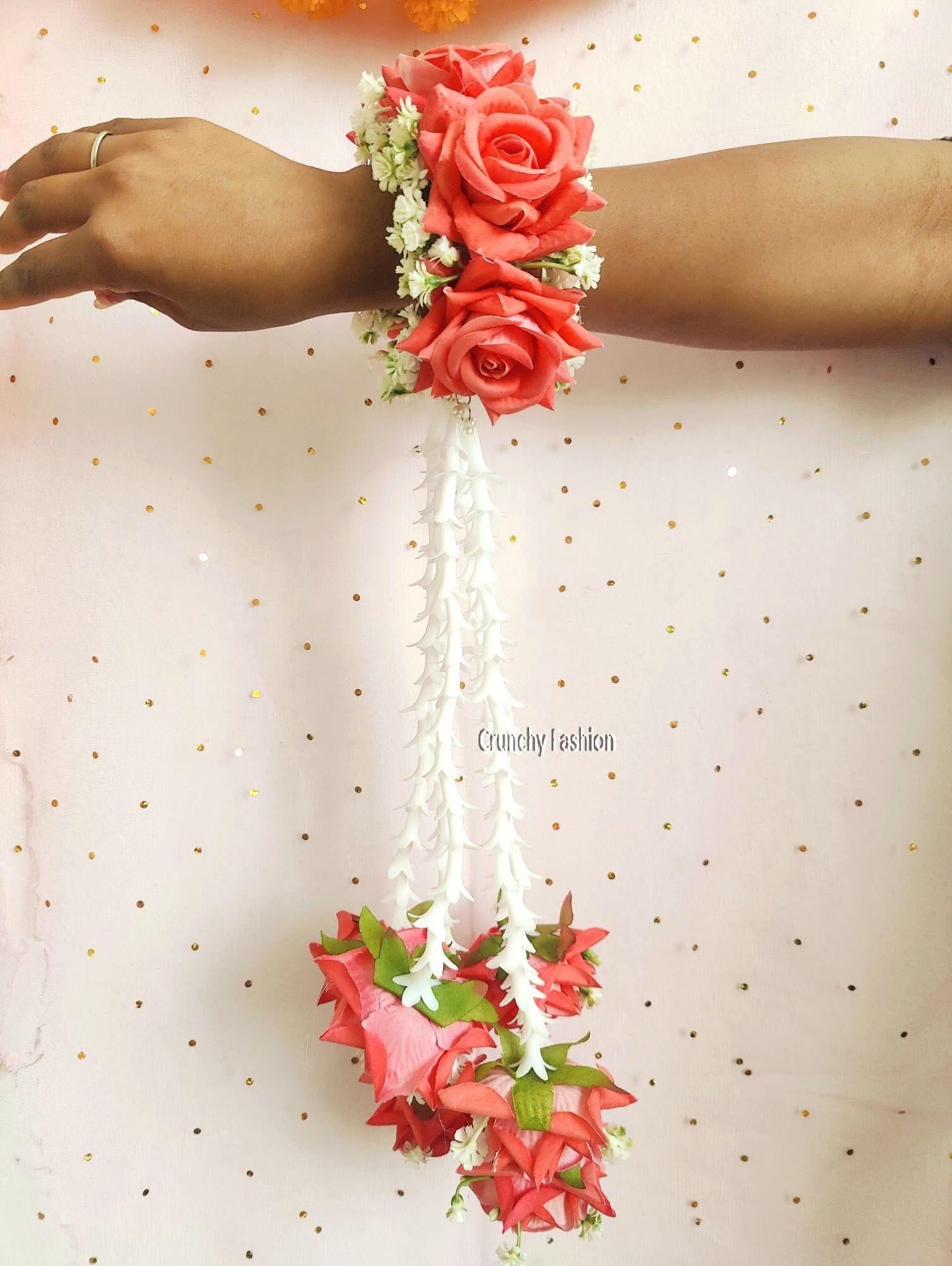Coral Pink Rose Floral Bridal Kalire with Long White Flower Tassels for Haldi Ceremony