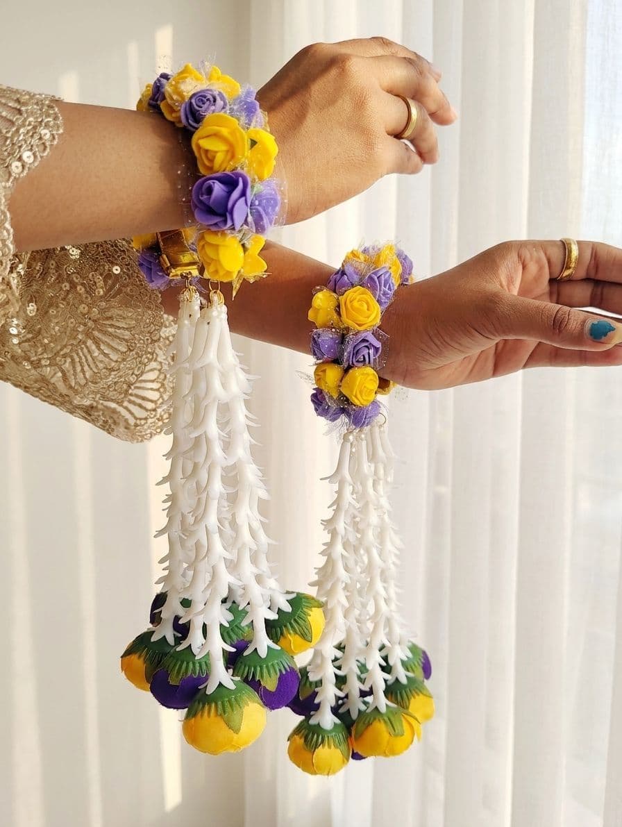 Yellow Rose Bridal Kalire with Lavender Flowers and White Floral Tassels for Haldi