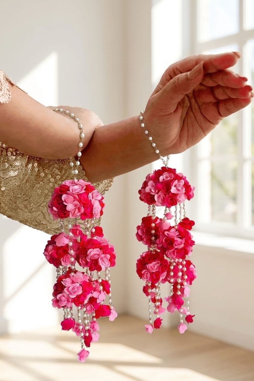 Rani Pink Rose Bridal Kalire with Layered Floral Bunches and Pearl Hanging Chains for Haldi