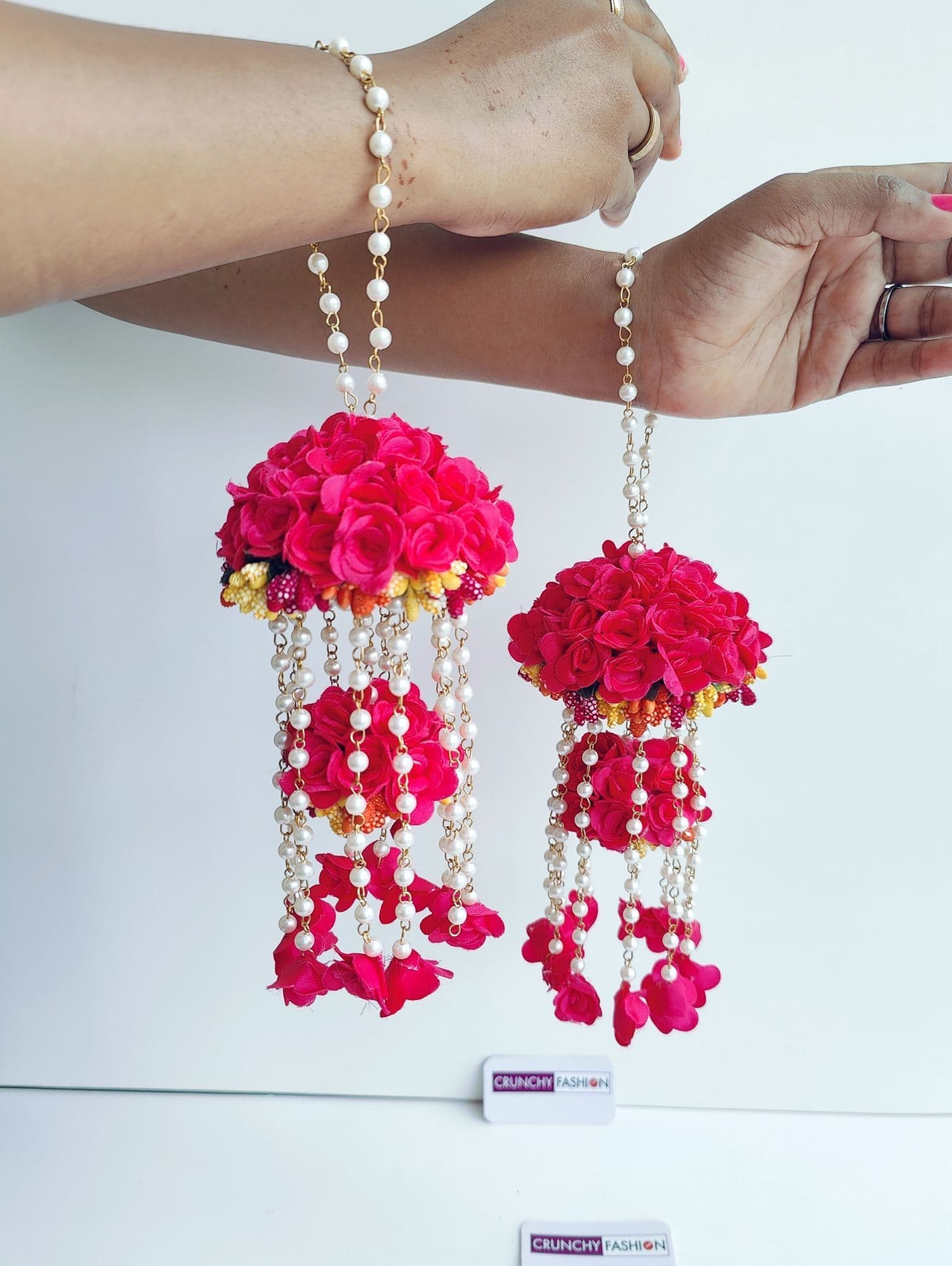 Rani Pink Rose Floral Haldi Kalire with Pearl Chains