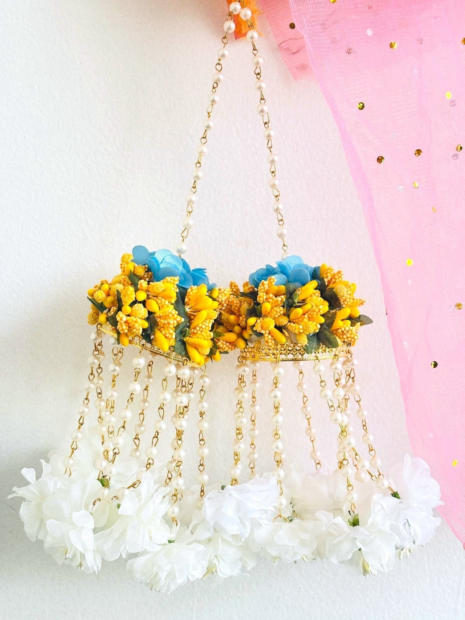 Yellow Floral Bridal Kalire with Pearl Chains and White Flower Tassels for Haldi Ceremony