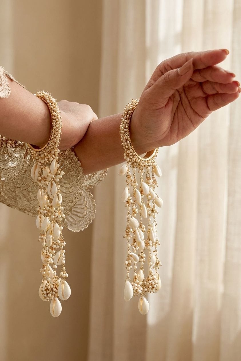 White Cowrie Shell Bridal Haldi Kalire with Golden Beads