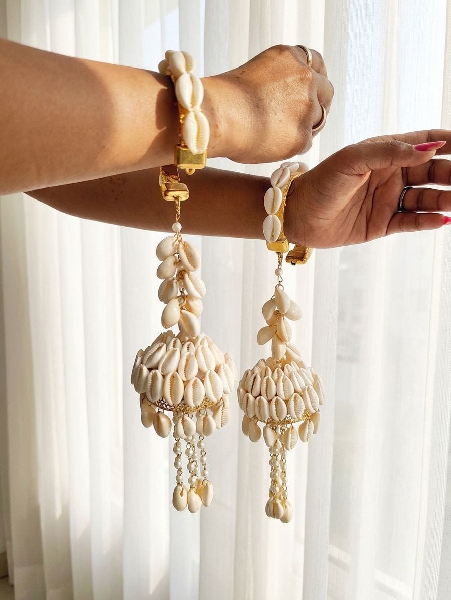 Handmade White Cowrie Shell Haldi Kalire for Brides