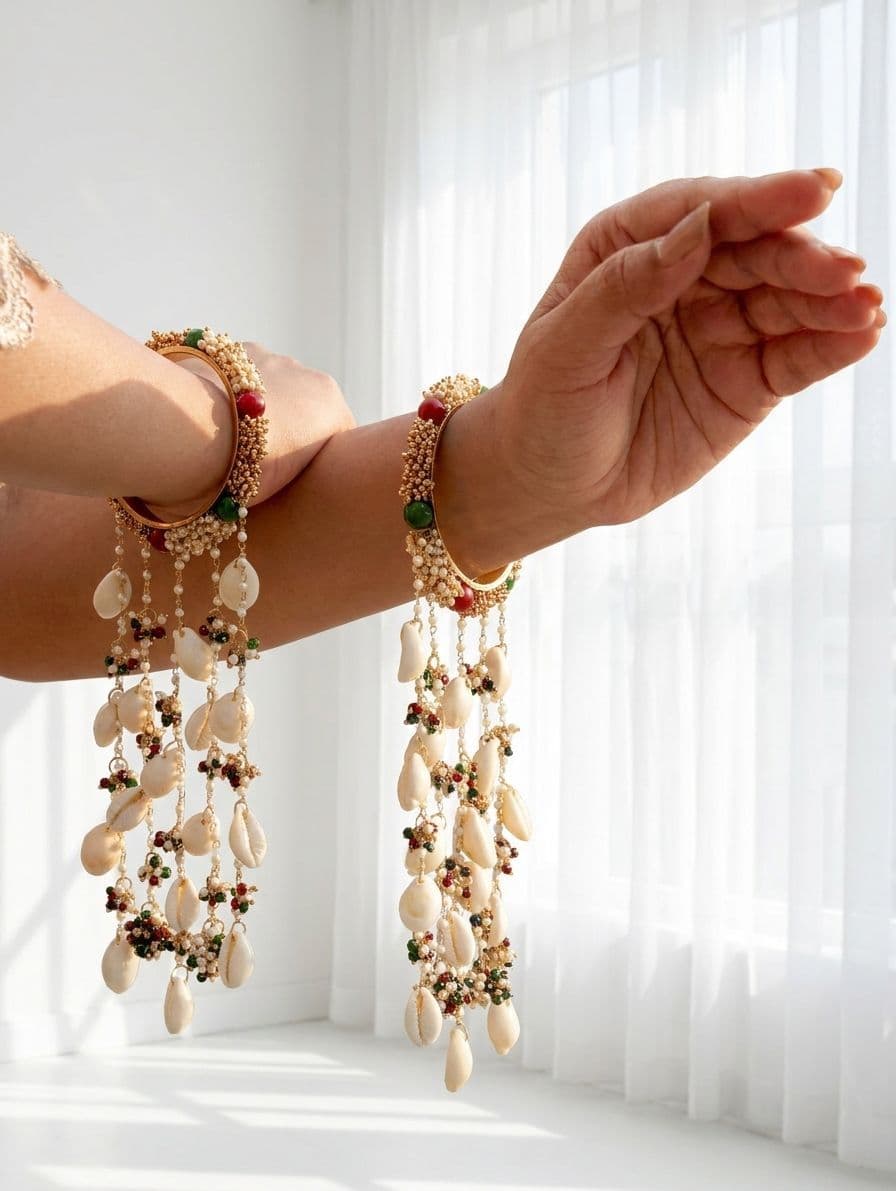 White Pearl Drop Bridal Kalire with Golden Beaded Bangles and Traditional Hanging Chains for Haldi Ceremony