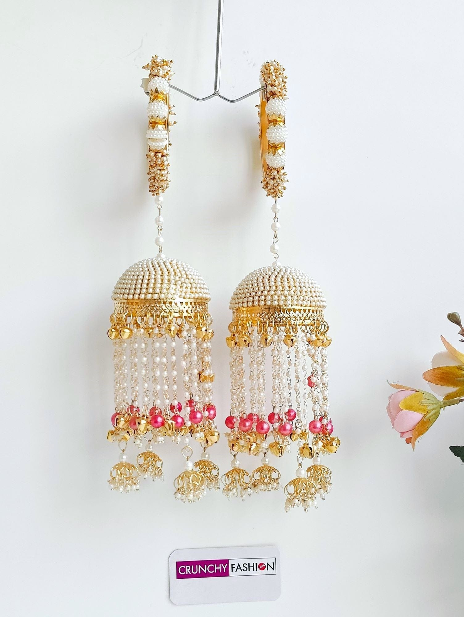 Ivory White Pearl Bridal Kalire with Golden Jhumka Domes, Pink Bead Accents and Traditional Hanging Chains for Haldi Ceremony