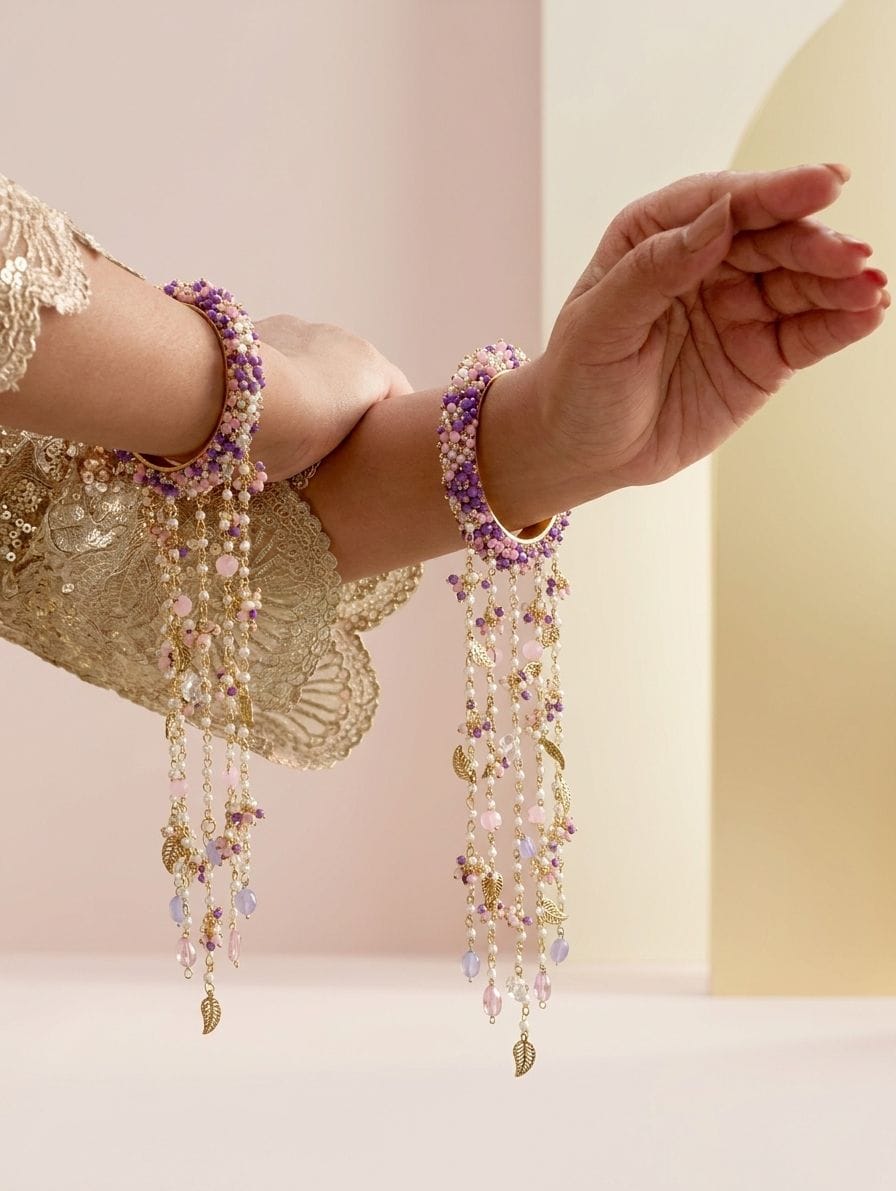 Elegant Purple Beaded Bridal Kalire with Golden Leaf Charms for Haldi Ceremony