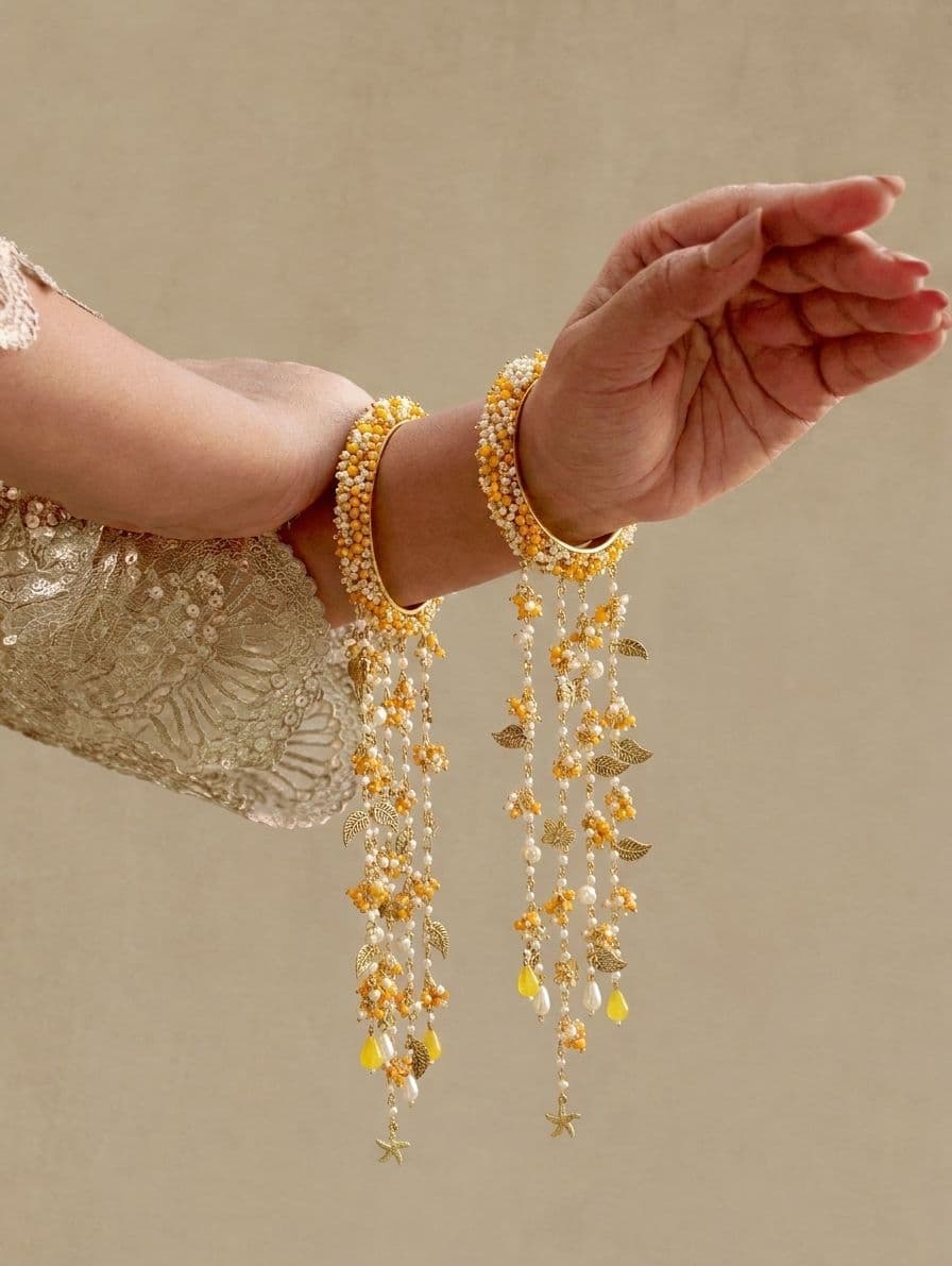 Mustard Yellow Beaded Bridal Kalire with Golden Butterfly Charms and Pearl Drops for Haldi