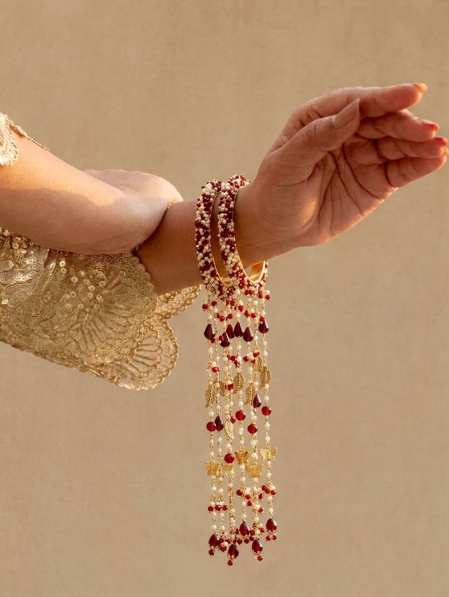 Maroon Beaded Bridal Kalire with Golden Butterfly Charms and Hanging Pearl Chains for Haldi