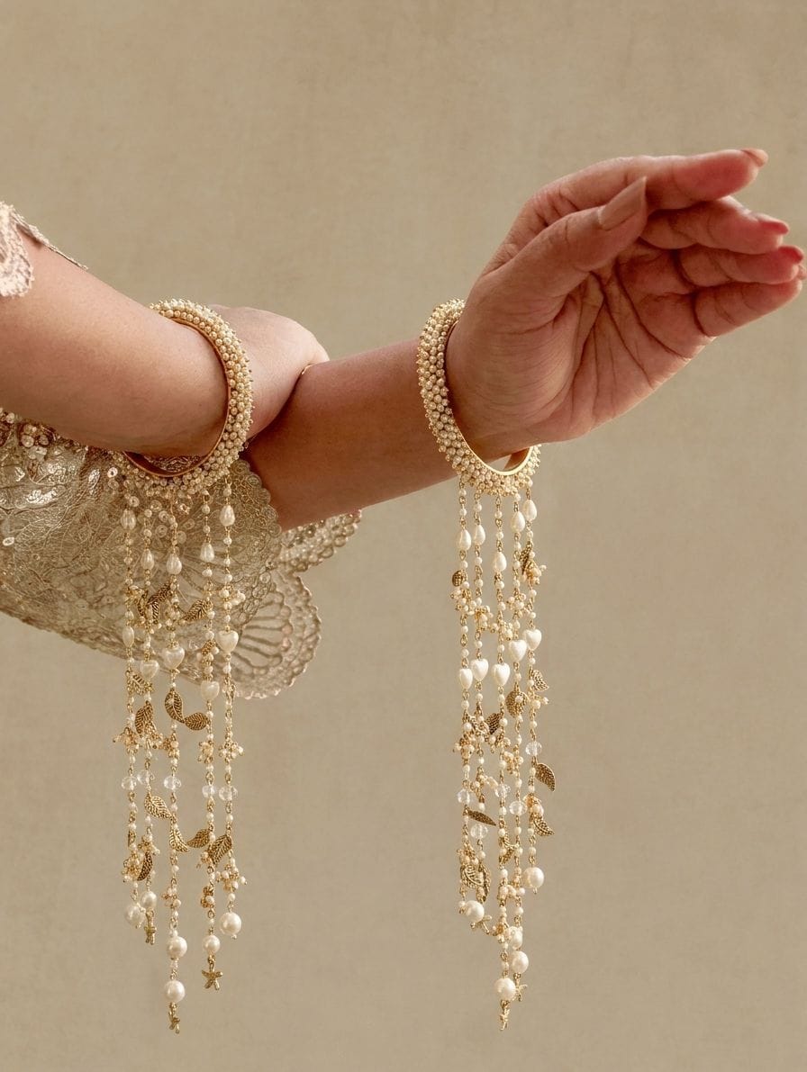 Ivory White Pearl Bridal Kalire with Golden Leaf Charms and Heart Beads for Haldi