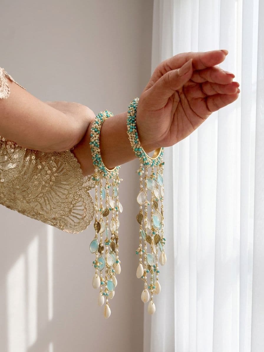 Turquoise Blue Beaded Bridal Kalire with Golden Leaf Charms and Pearl Drops for Haldi