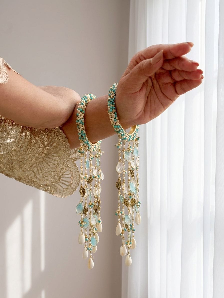 Turquoise Blue Beaded Bridal Kalire with Golden Leaf Charms and Pearl Drops for Haldi