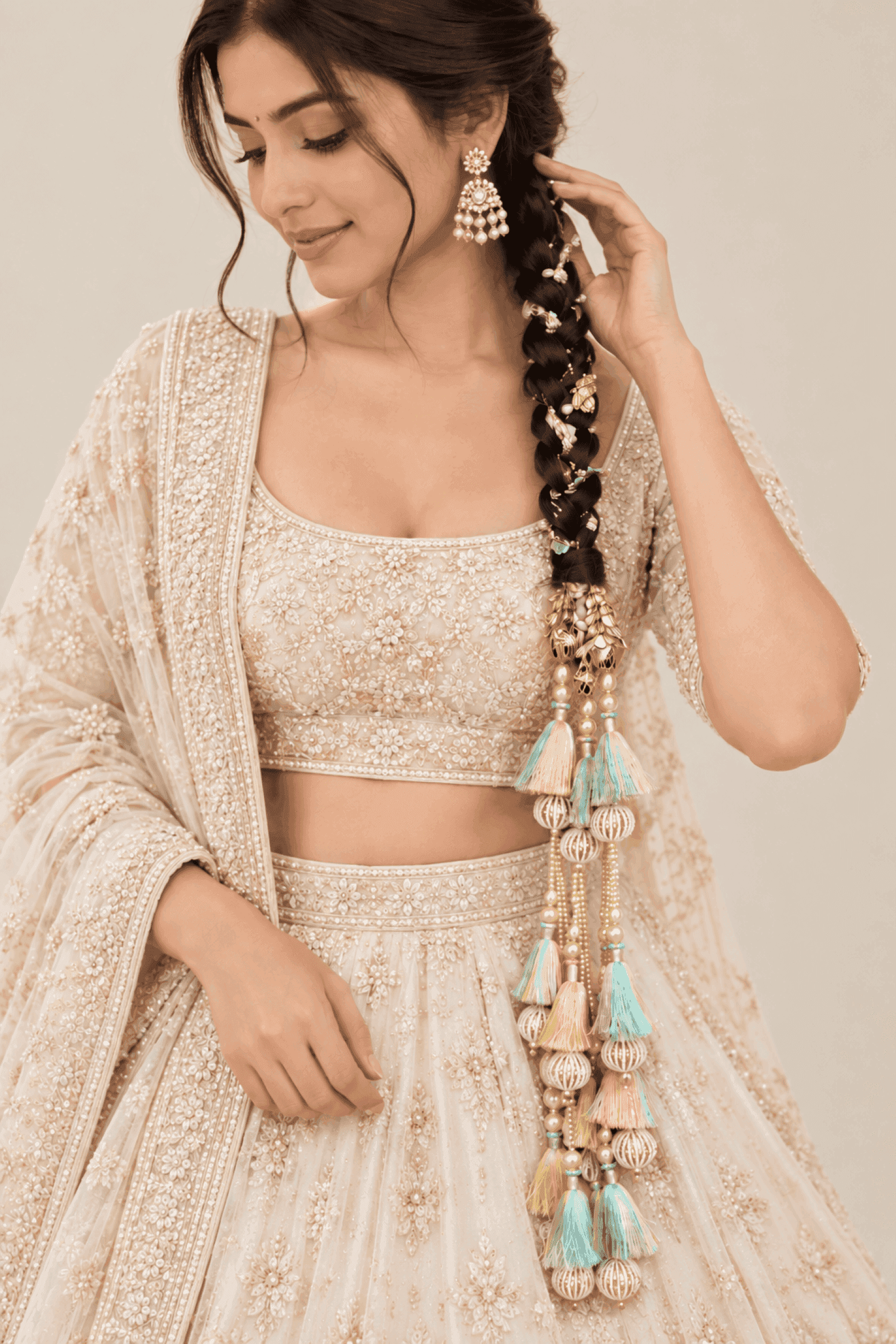 Bridal Hair Paranda with Mint Green and Gold Tassel Latkans