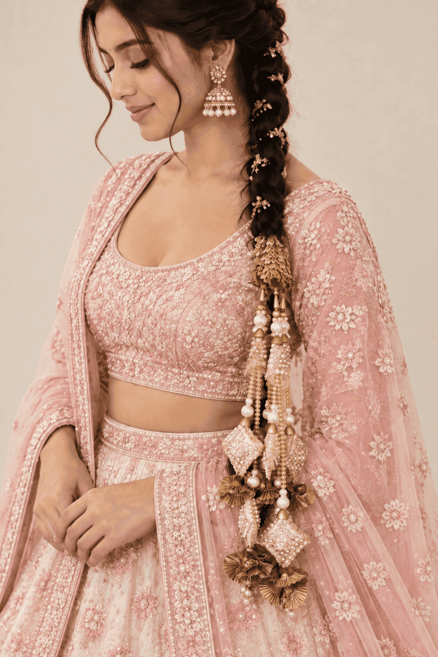 Golden Bridal Hair Paranda with Pearl and Kundan Latkans