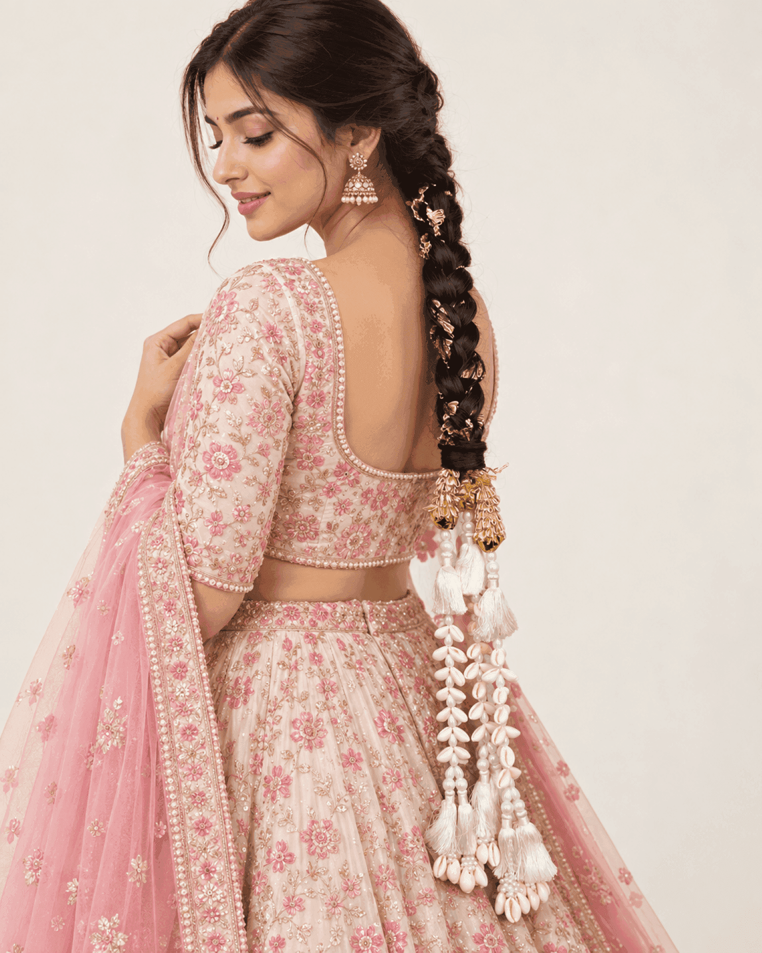 Bridal White Cowrie Shell Paranda with Golden Tassels