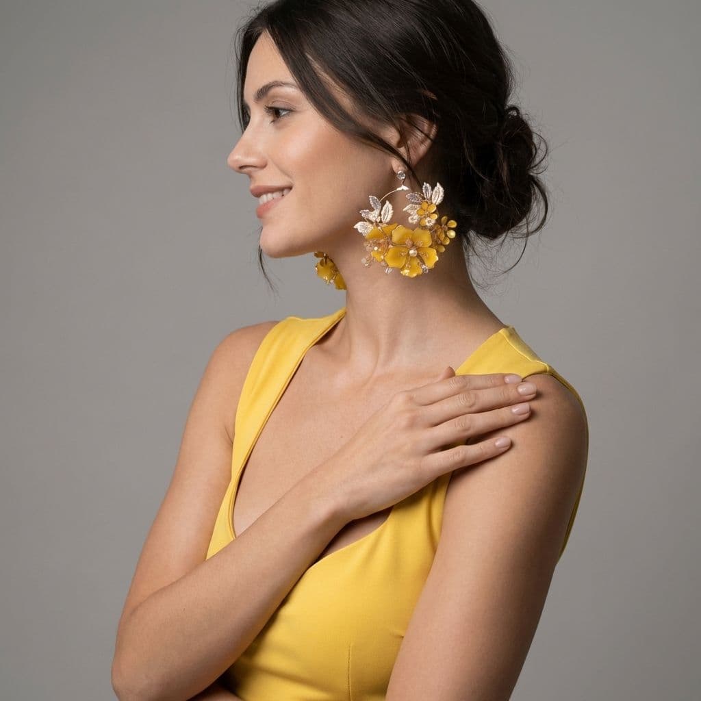 Yellow Floral Resin Statement Earrings with Silver Leaf Design