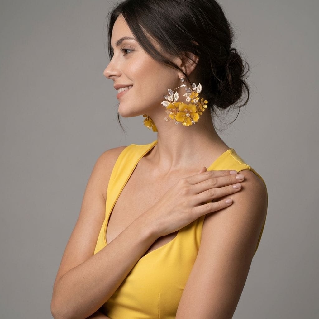 Yellow Floral Resin Statement Earrings with Silver Leaf Design
