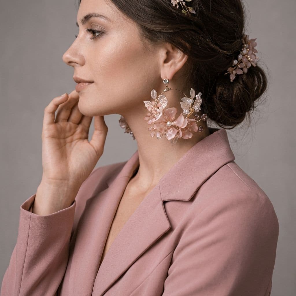 Peach Pink Floral Resin Statement Earrings with Pearl Accents