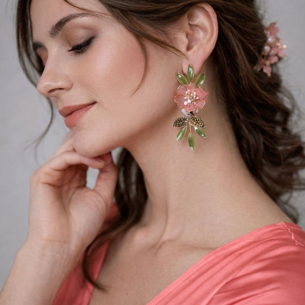 Peach Pink Floral Resin Earrings with Green Leaf Drops