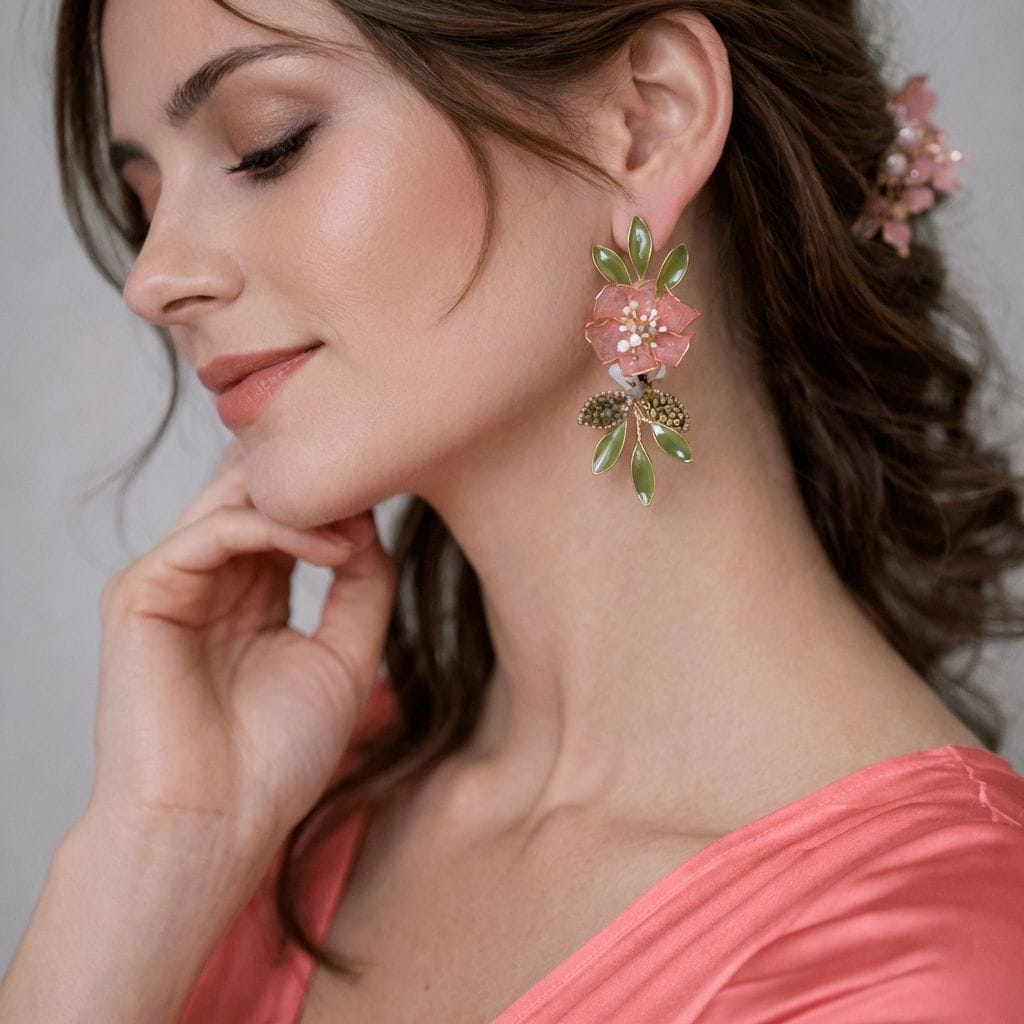 Peach Pink Floral Resin Earrings with Green Leaf Drops