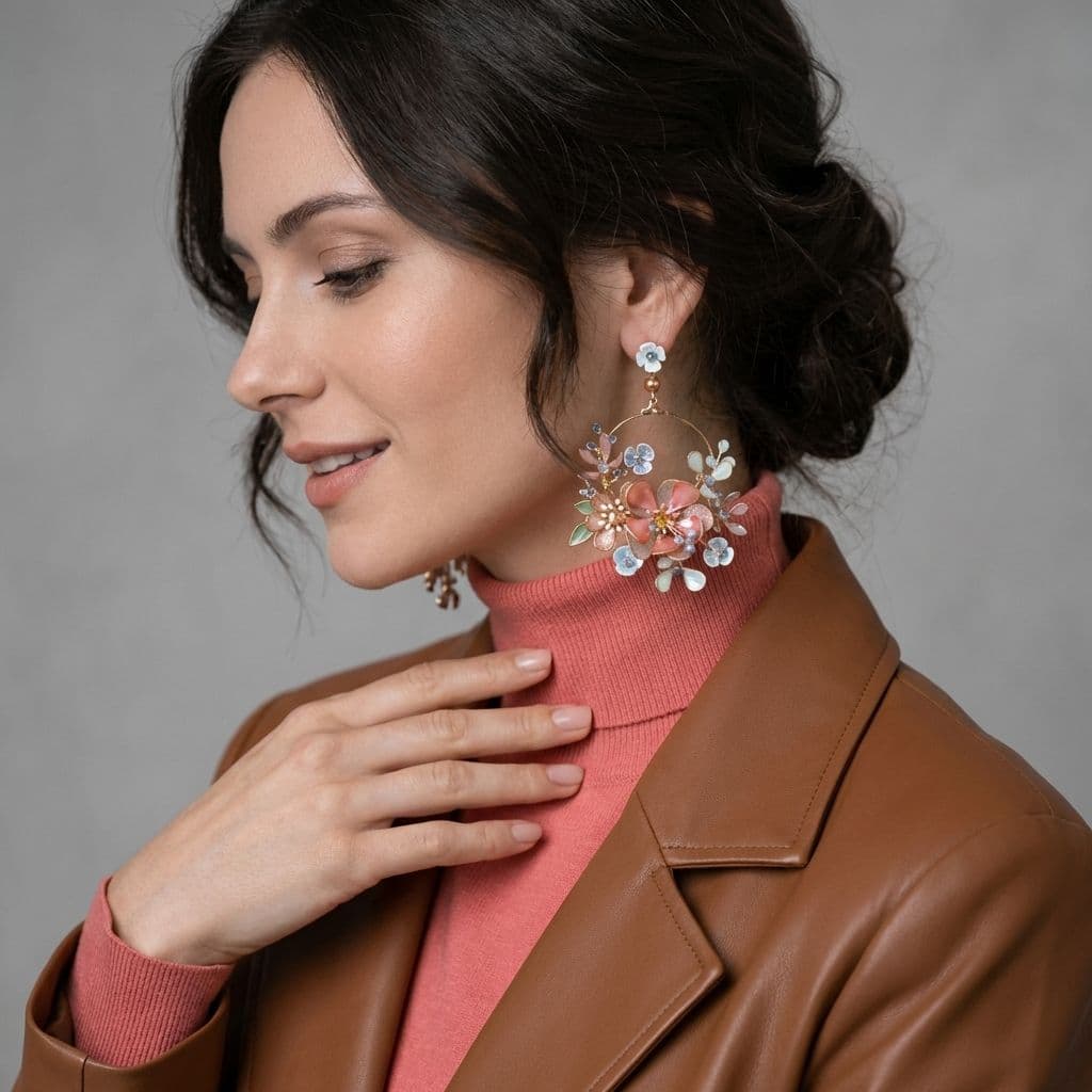 Peach Pink Floral Hoop Resin Earrings for Women