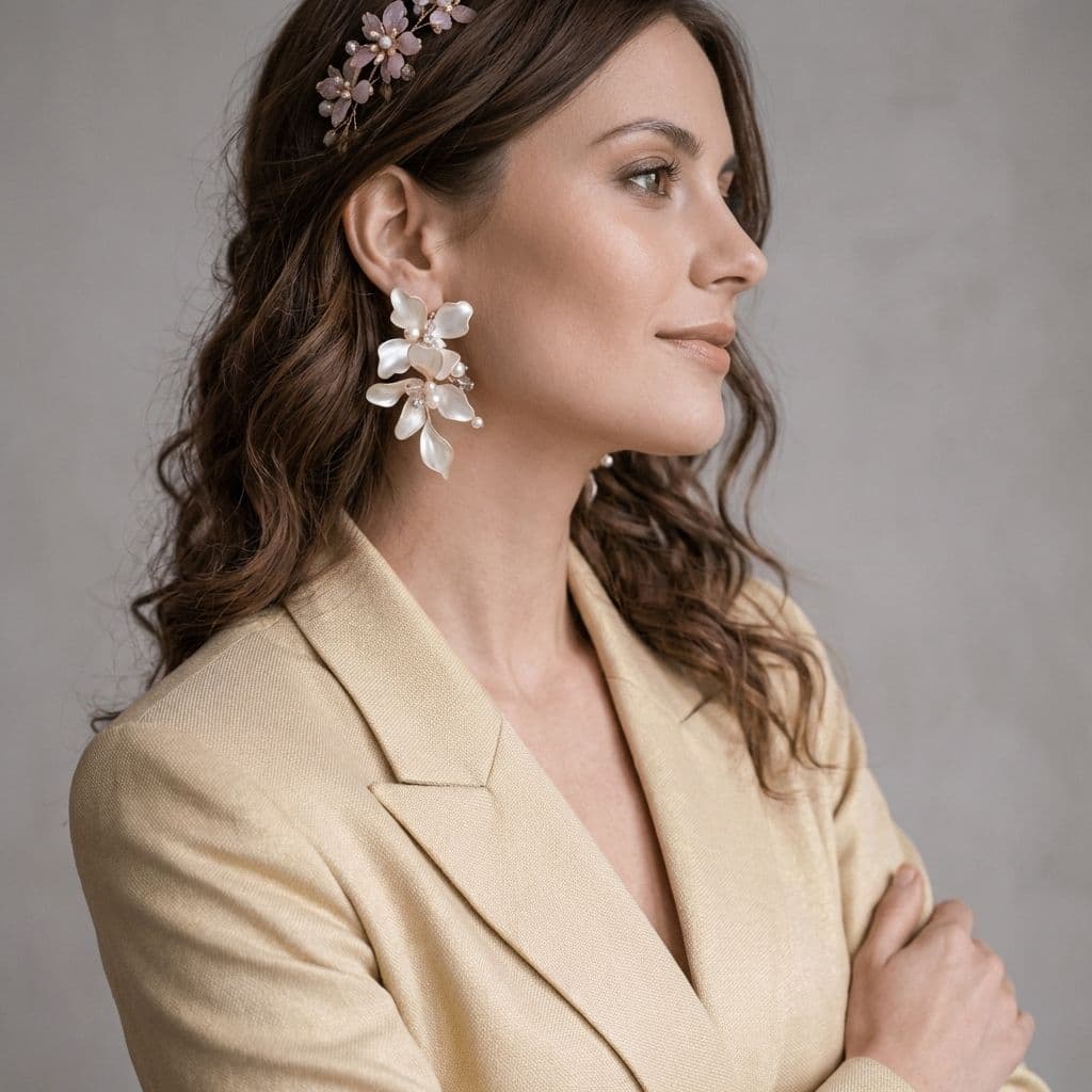 White Floral Resin Drop Earrings with Pearl Accents