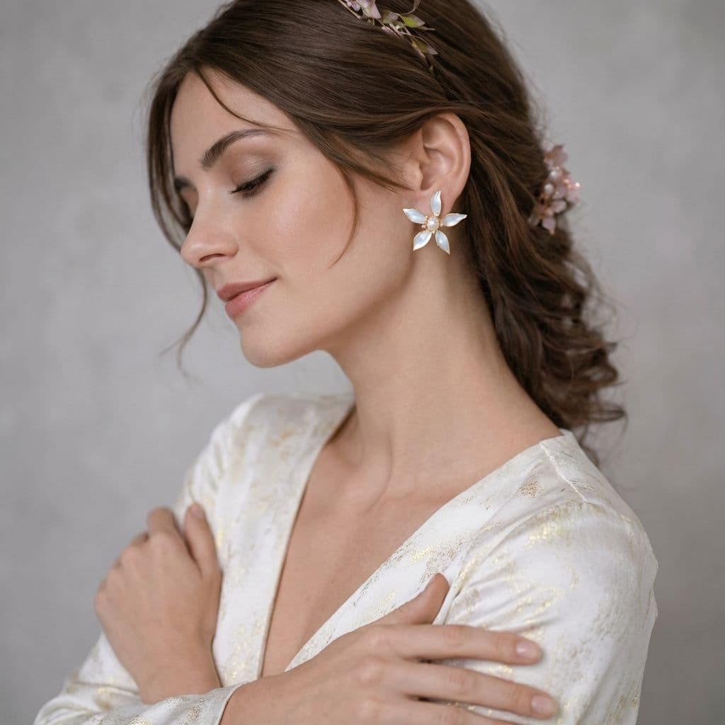 White Five Petal Floral Resin Stud Earrings with Pearl Centre
