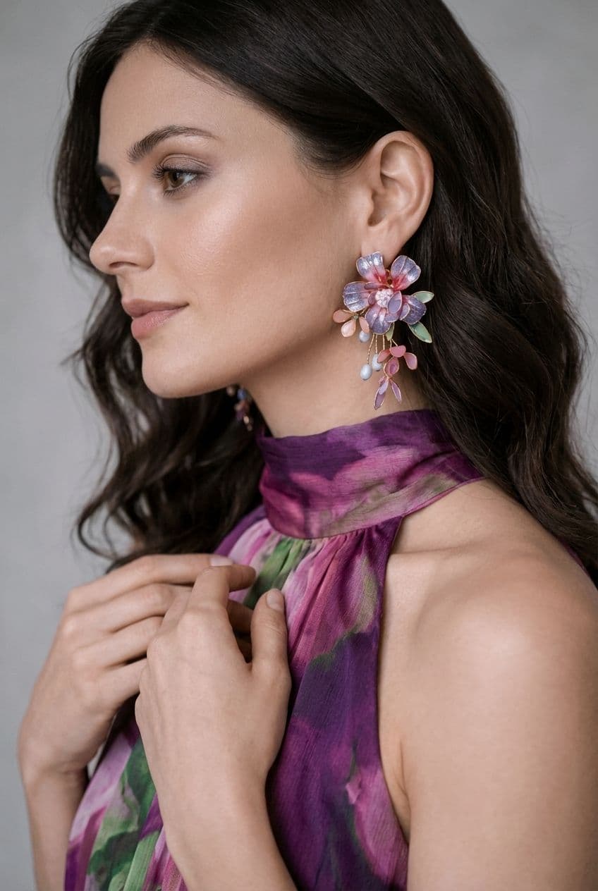Purple and Pink Floral Resin Statement Earrings with Leaf Drops