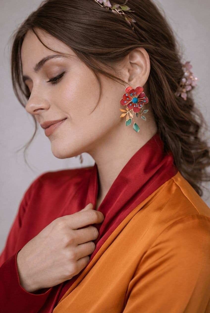 Red Floral Resin Statement Earrings with Blue and Orange Leaf Design