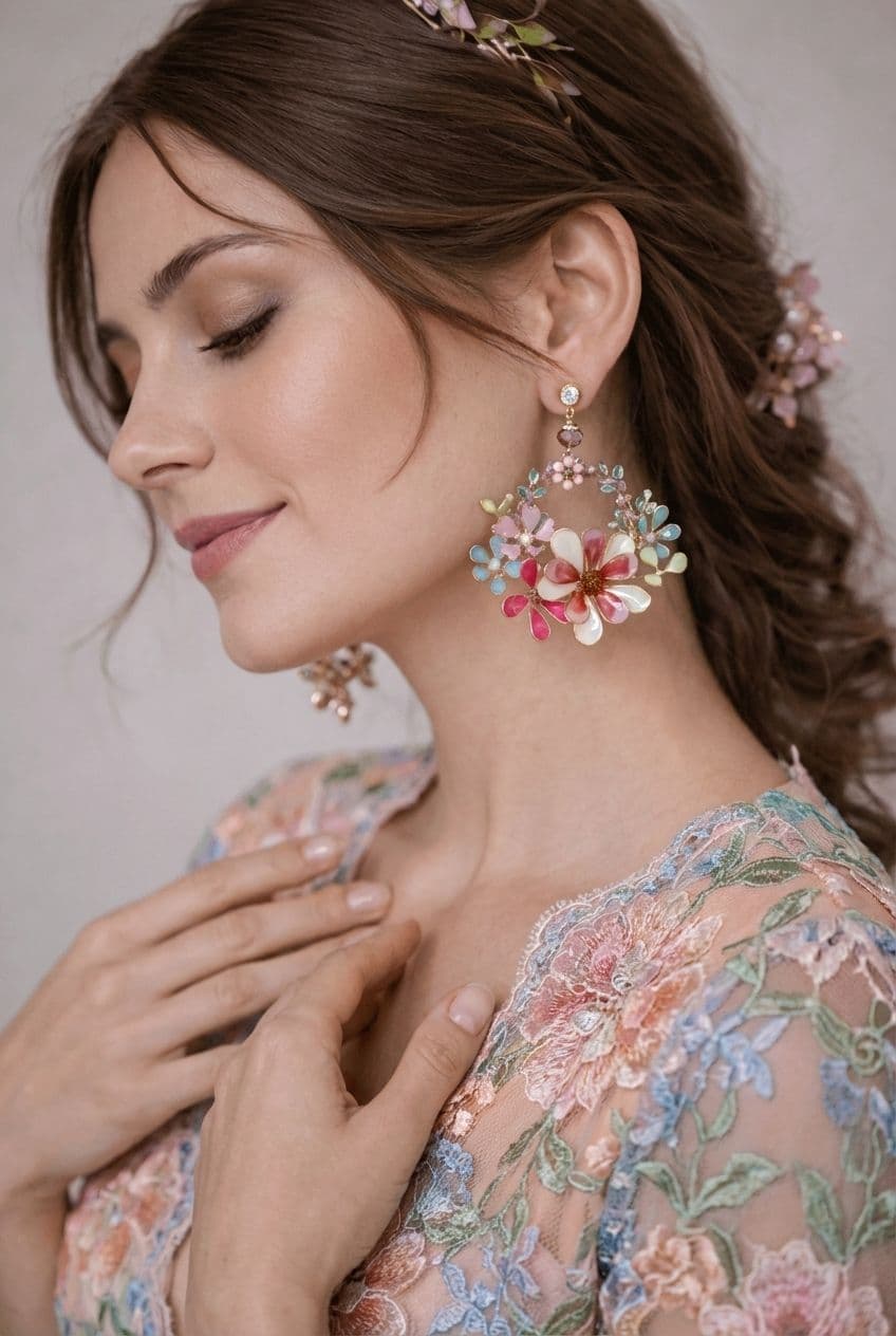 Multicolor Floral Resin Statement Earrings with Pink and Blue Flowers